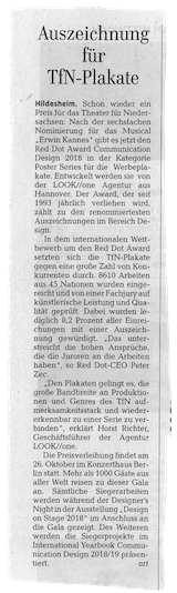 Pressemeldung Hildesheimer Allgemeine Zeitung 5.9.2018 – Auszeichnung TfN-Plakate LOOK//one Hannover