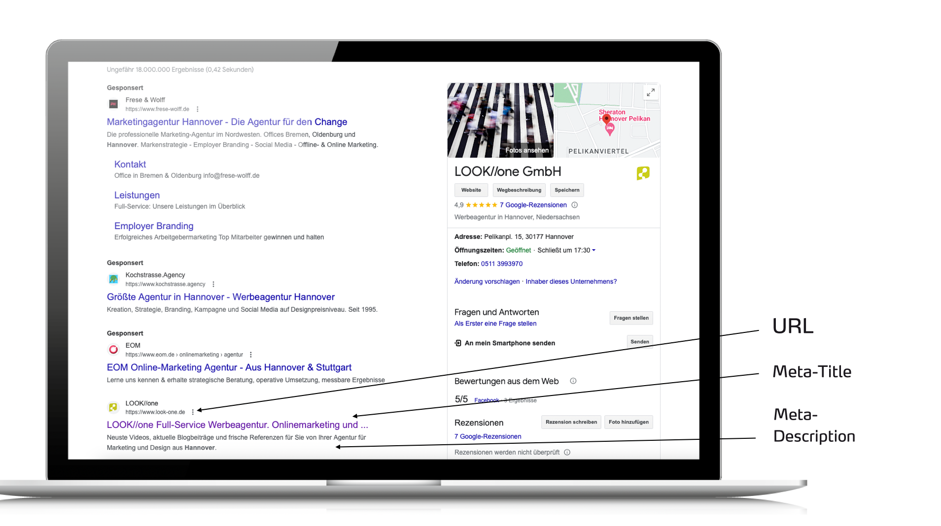 Title Tag und Meta Description in den Google-Suchergebnissen sind auf einem Bildschirm markiert